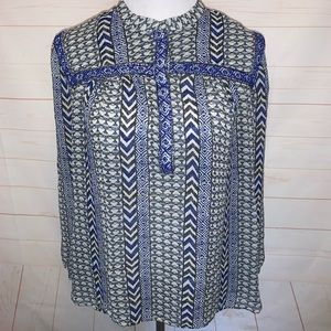 Lucky Brand Blue Beaded Top Blouse Geo Print XL